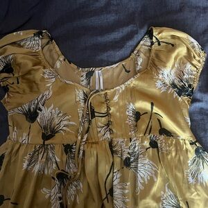 By Anthropologie Honey Brown Cap-Sleeve Tiered Satin Dress